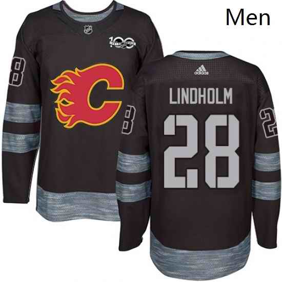 Mens Adidas Calgary Flames 28 Elias Lindholm Black 1917 2017 100th Anniversary Stitched NHL Jersey